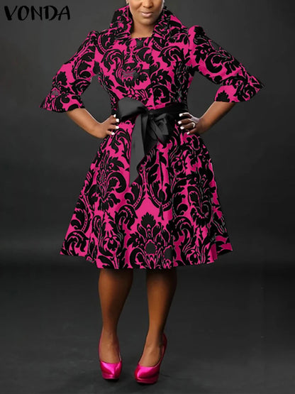 VONDA-Robe de Soirée Imprimée pour Femme, Tenue Éducative Bohème, Col Montant, Ceinture à Nministériels d, Décontractée, Élégante, Été, 2025