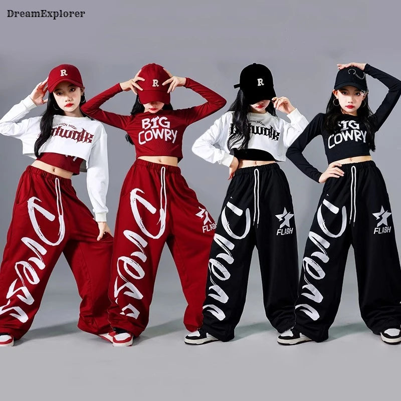 Filles K-pop haut court mode lettres Sport Joggers pantalon fille groupe vêtements ensembles enfants Hip Hop Streetwear enfants Jazz Costumes