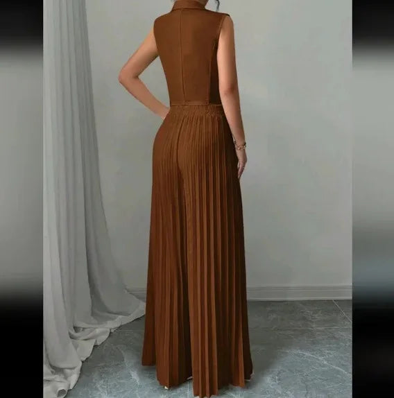 Costume de bureau pour femmes, couleur unie, décontracté, Slim, boutons, ensemble deux pièces, col rabattu, sans manches, Blazer et pantalon plissé, tenues