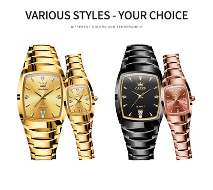 OLEVS-Montre de couple en acier au tungstène Tonneau pour hommes et femmes, marque de luxe, montre à quartz pour amoureux, montre-bracelet étanche, 7006