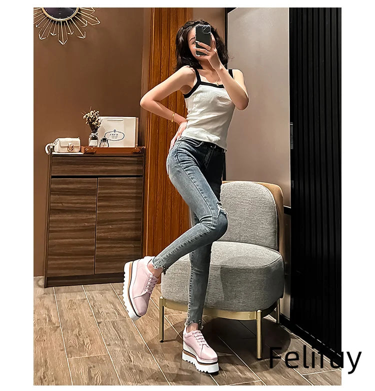 Baskets Blanches en Cuir de Vache pour Femme, Chaussures à Semelle Optique, Décontractées, à Lacets, Confortables, d'Extérieur, de Styliste, Printemps 2024