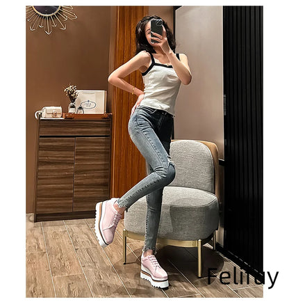 Baskets Blanches en Cuir de Vache pour Femme, Chaussures à Semelle Optique, Décontractées, à Lacets, Confortables, d'Extérieur, de Styliste, Printemps 2024