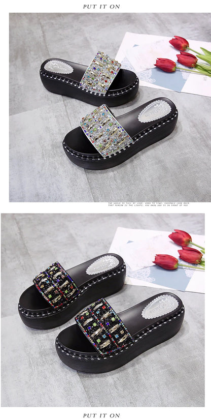 Plate-forme strass sandales pantoufles femmes pierres précieuses diapositives femmes chaussures chaussons compensés chaîne perle plage diapositives chaussures