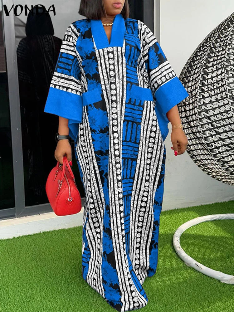 VONDA Vintage Robe Maxi femmes été fête imprimer robes 2025 mode col en v 3/4 manches décontracté surdimensionné ample longue Robe
