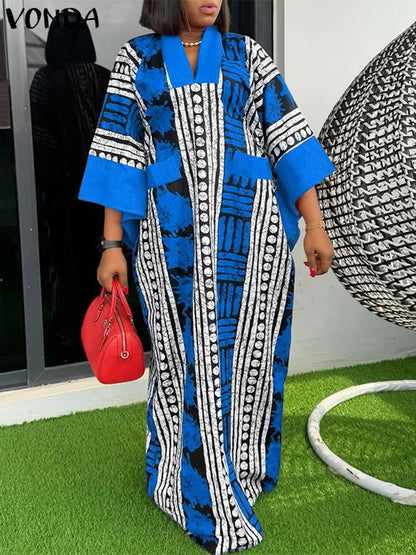 VONDA Vintage Robe Maxi femmes été fête imprimer robes 2025 mode col en v 3/4 manches décontracté surdimensionné ample longue Robe