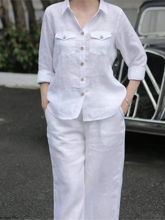 Ensemble chemise et pantalon pour femmes, élégant, col à revers, manches longues, mode automne, tenues, pantalons de travail solides, costumes, survêtement, 2 pièces