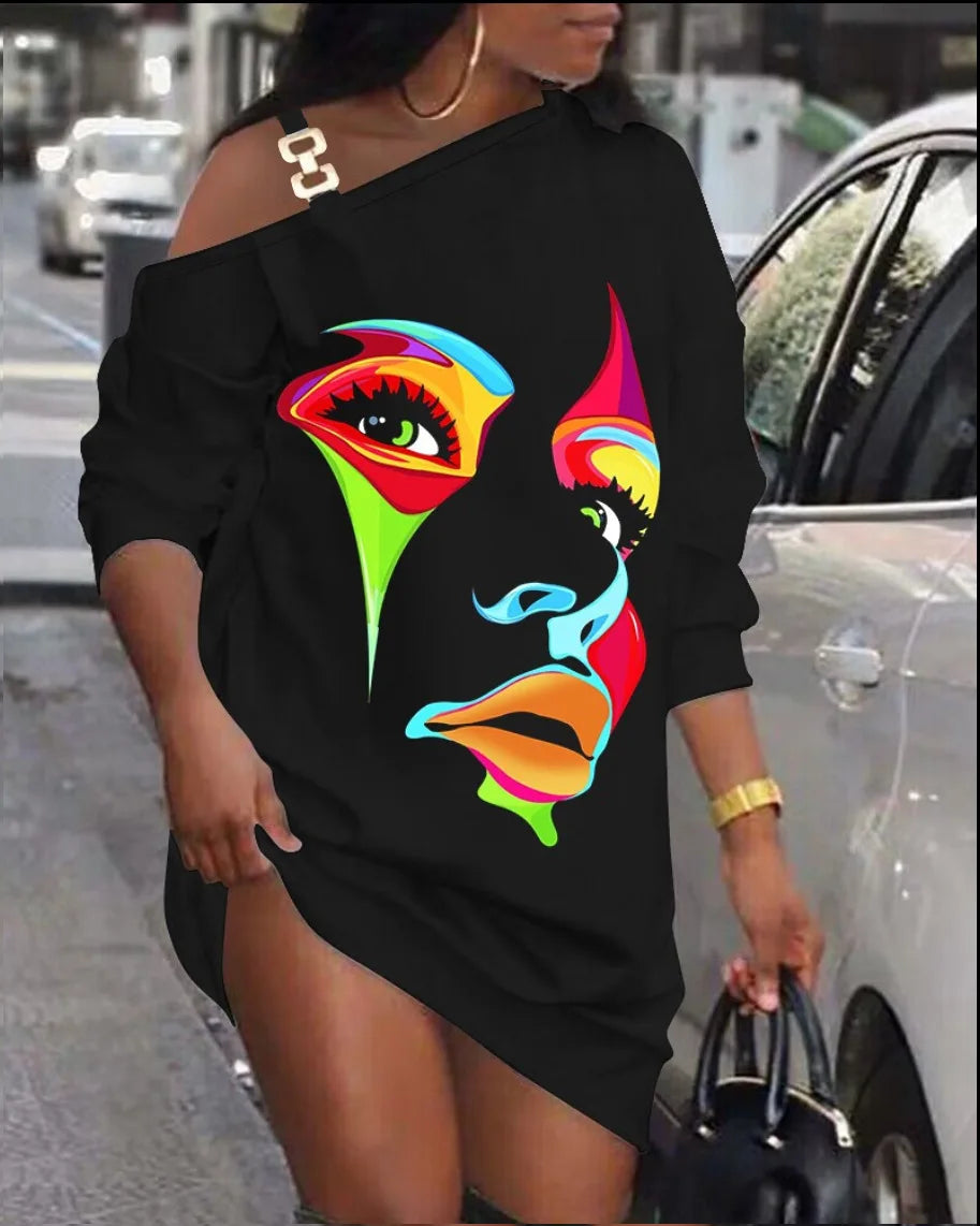 Mini robe imprimée décontractée pour femmes, mode, coupe ample, col diagonale ajouré, manches longues, robes de soirée courtes, Club, automne