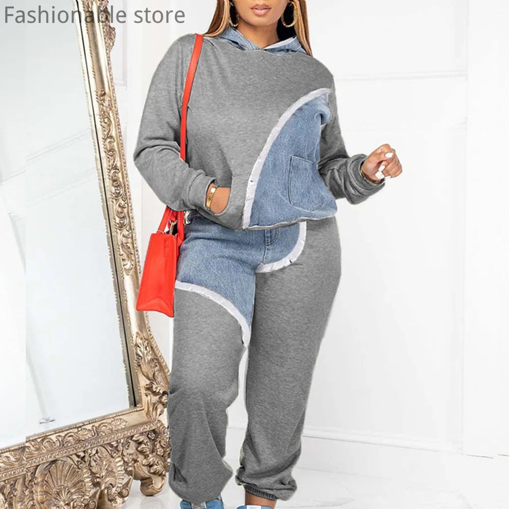 Pull à capuche et pantalon taille haute pour femme, haut patchwork décontracté, ensemble 2 pièces