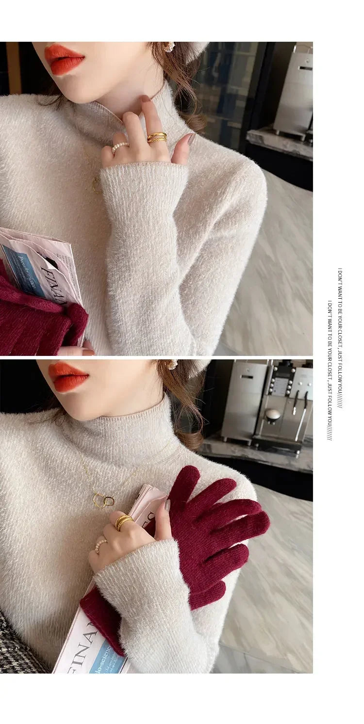 Automne hiver épais Pull femmes tricoté côtelé Pull Pull à manches longues col roulé mince Pull doux chaud Pull Femme 2025