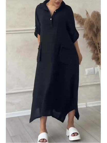 Robe longue en lin à manches longues pour femmes, robe maxi blanche avec poches, élégante, mode décontractée, été, 2024