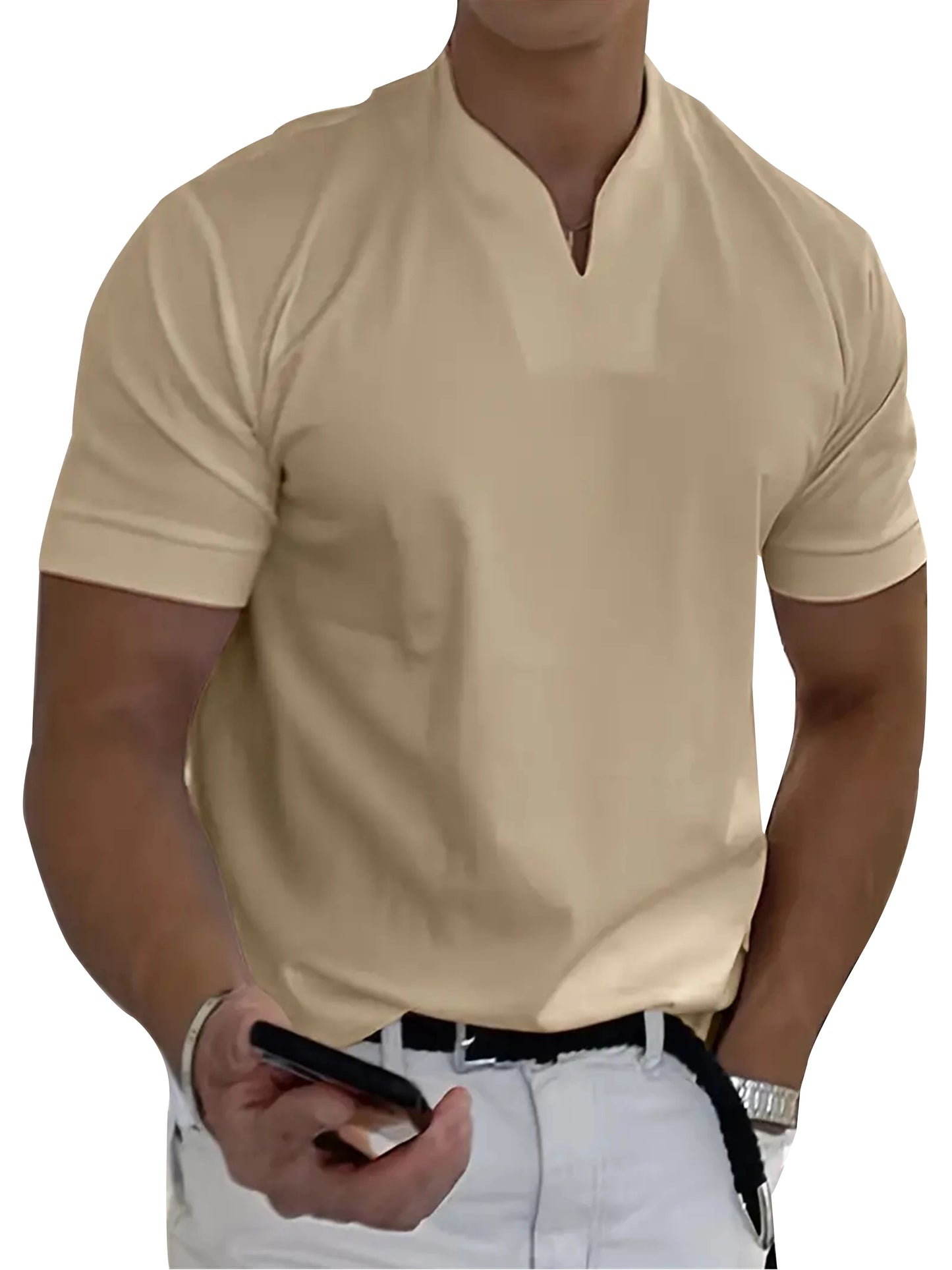 2025 nouveaux hommes T-shirt mode col en v conception coupe ajustée couleur unie hommes t-shirts hauts t-shirts à manches courtes T-shirt pour hommes