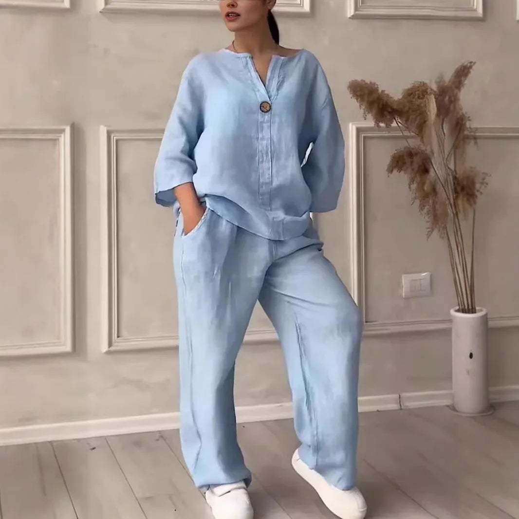 Ensemble deux pièces en coton et lin pour femmes, confortable, ample, haut, pantalon à jambes larges, décontracté, à la mode, costumes, tenues de printemps et d'été