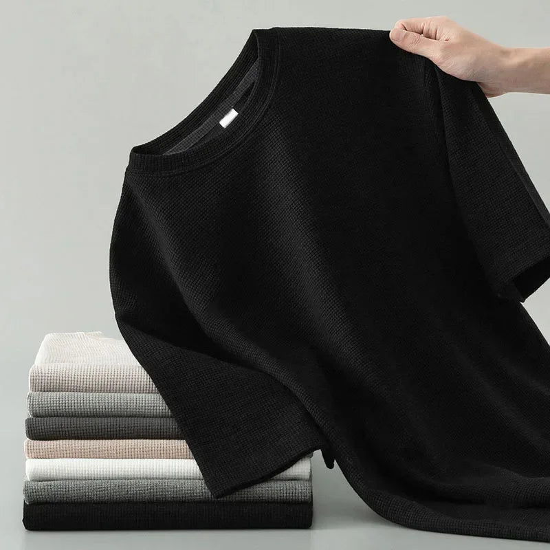 Style coréen hommes été T-Shirt homme à manches courtes gaufré solide T-Shirt couleur T-Shirt décontracté rond hommes col rond haut tendance