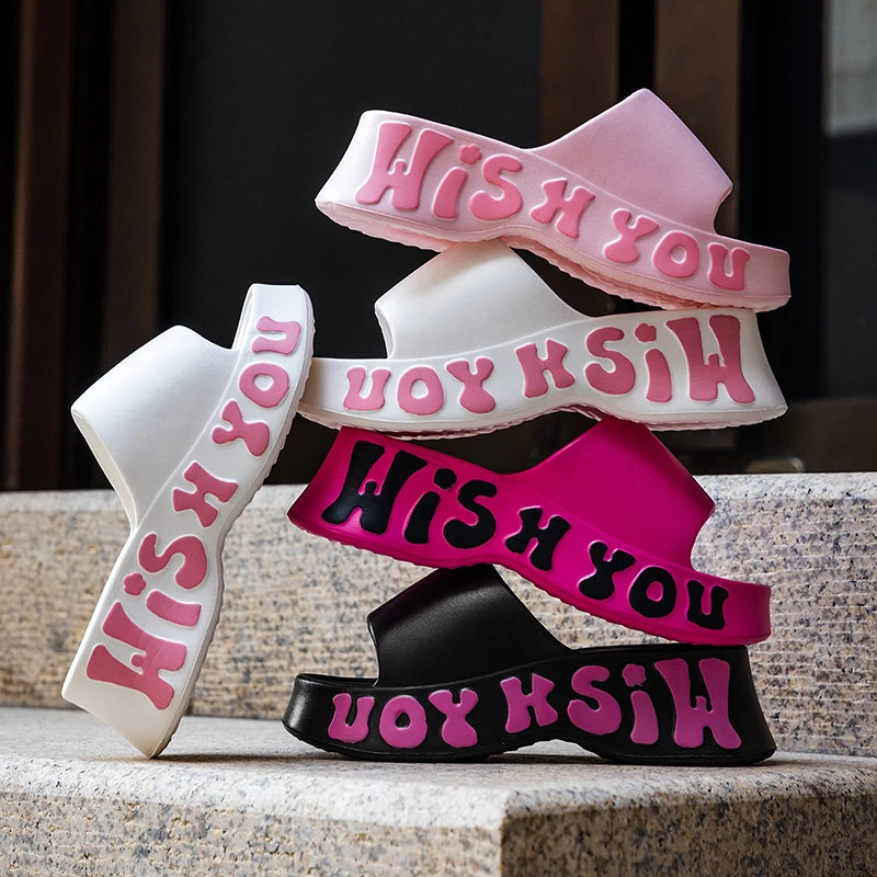 Été lettre imprimé chaussons compensés femmes mode grosse plate-forme sandales femme en plein air antidérapant nuage diapositives chaussures femme