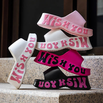 Été lettre imprimé chaussons compensés femmes mode grosse plate-forme sandales femme en plein air antidérapant nuage diapositives chaussures femme