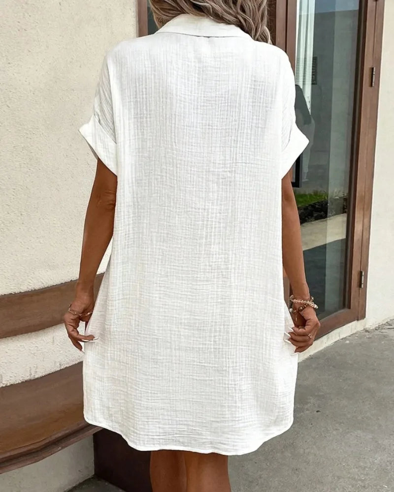 Robe boutonnée à col en V minimaliste pour femmes, coton, lin, blanc, manches courtes, poche, décontracté, chemise, été, mode