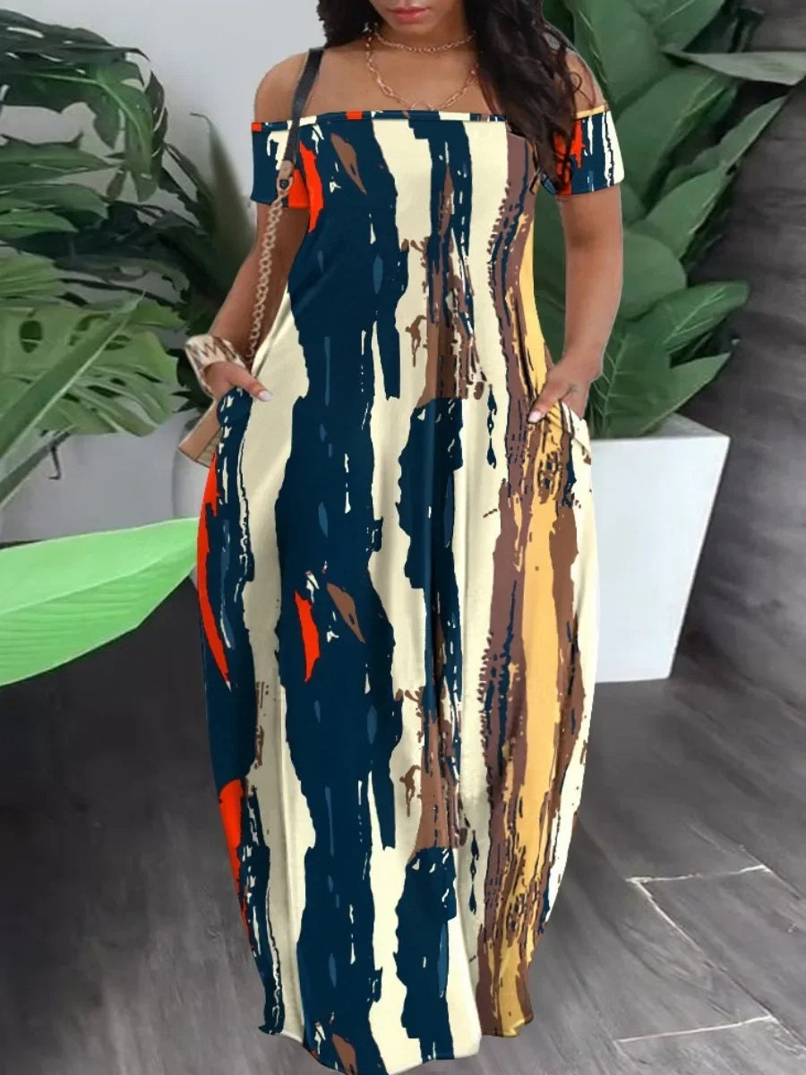 CamSolomon-Robe Longue à Manches Courtes pour Femme, Tenue Maxi Décontractée, Col Bouffant, Longueur au Sol, Nouveauté Été