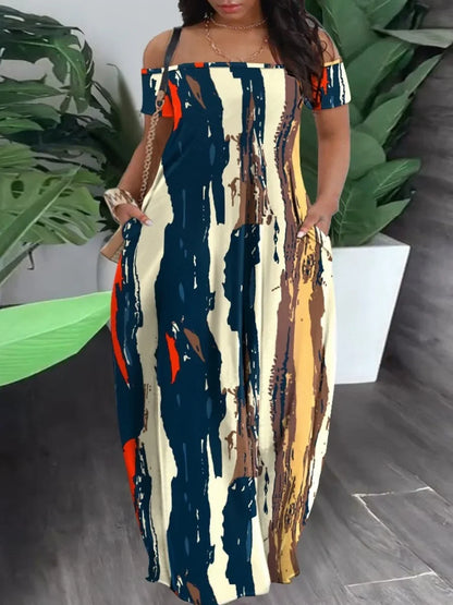 CamSolomon-Robe Longue à Manches Courtes pour Femme, Tenue Maxi Décontractée, Col Bouffant, Longueur au Sol, Nouveauté Été