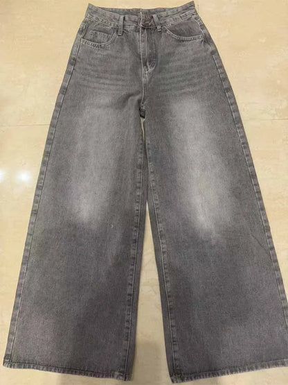 BKQU gris Vintage Baggy jean femme Streetwear taille haute Y2K jambe large Denim pantalon ample femme Hip Hop pantalon américain années 2000