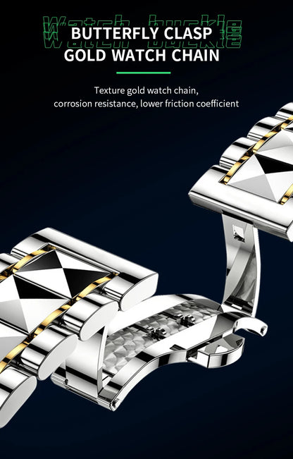 Montre de luxe en acier inoxydable pour homme, diamant, eau, lueur nocturne, double calendrier, mouvement à quartz, bleu, or, mode, affaires, 41mm