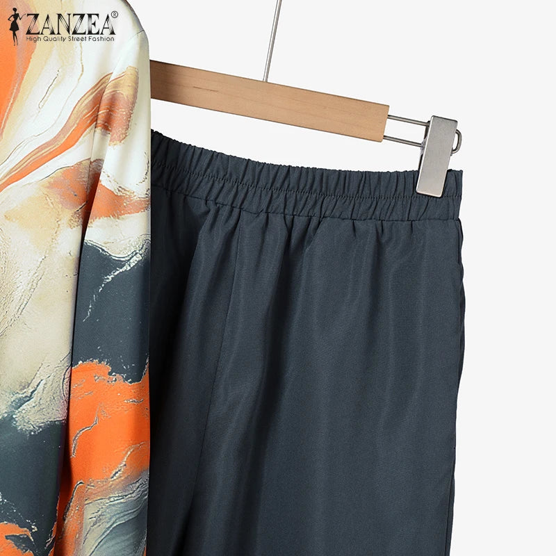 BS -  mode femmes deux pièces ensembles à manches longues revers chemise jambe large pantalon ensembles 2 pièces tenues de vacances décontracté OL travail survêtements