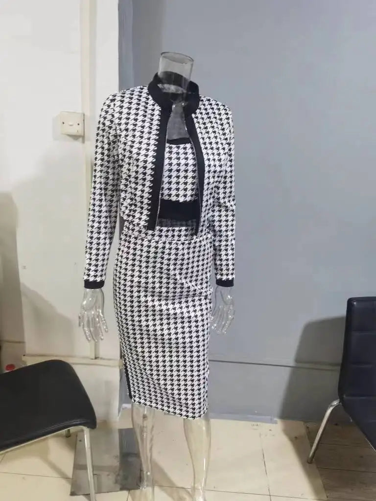 Ensemble de robe élégante OL, à la mode printemps/automne, doux, Slim Fit, imprimé, veste à manches longues, gilet et jupe, ensemble trois pièces