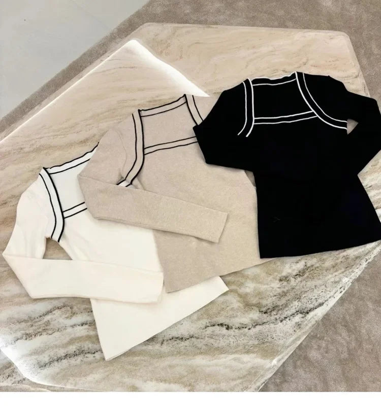 Français élégant bloc de couleur à manches longues chemise tricotée femmes col carré conception spectacle clavicule T-Shirt décontracté haut tendance