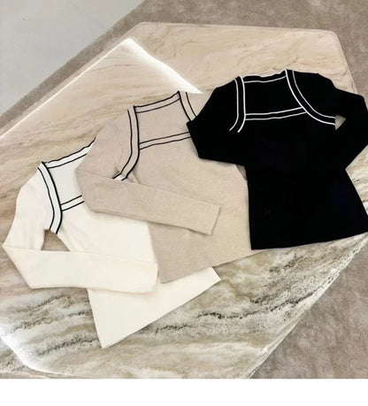 Français élégant bloc de couleur à manches longues chemise tricotée femmes col carré conception spectacle clavicule T-Shirt décontracté haut tendance