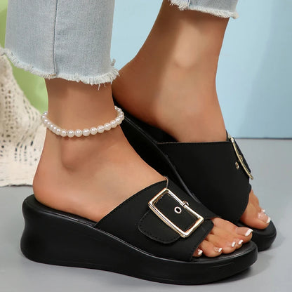 Sandales à talons compensés avec boucle en métal pour femmes, sandales d'été en cuir Pu à fond épais, légères, à talons hauts, pour la plage, 2025