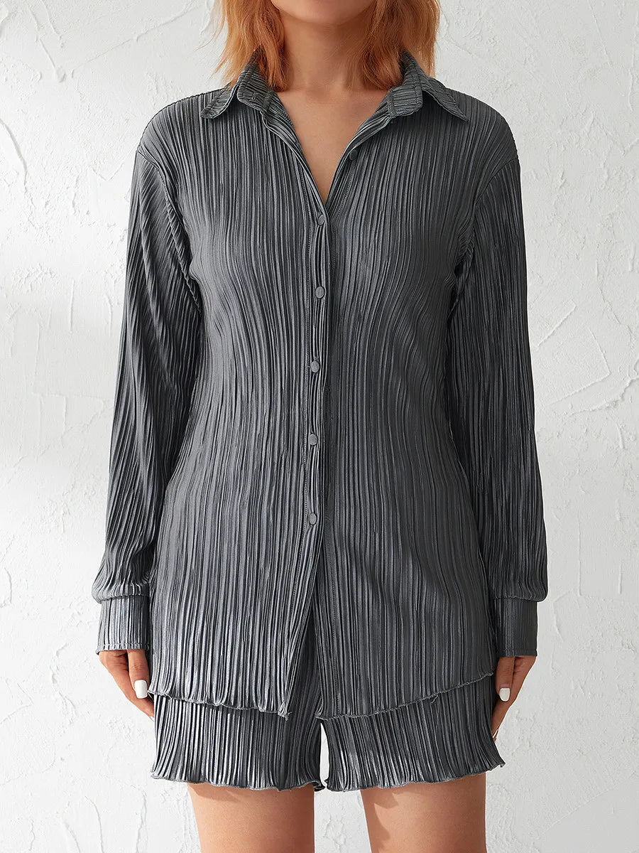 Ensemble de vêtements décontractés pour femmes, chemise froncée à manches longues, boutonnée et short, 2 pièces