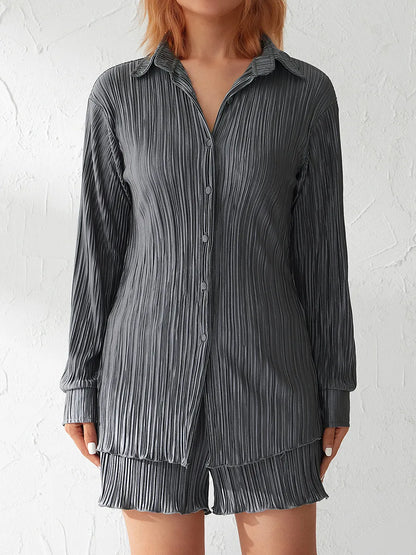 Ensemble de vêtements décontractés pour femmes, chemise froncée à manches longues, boutonnée et short, 2 pièces