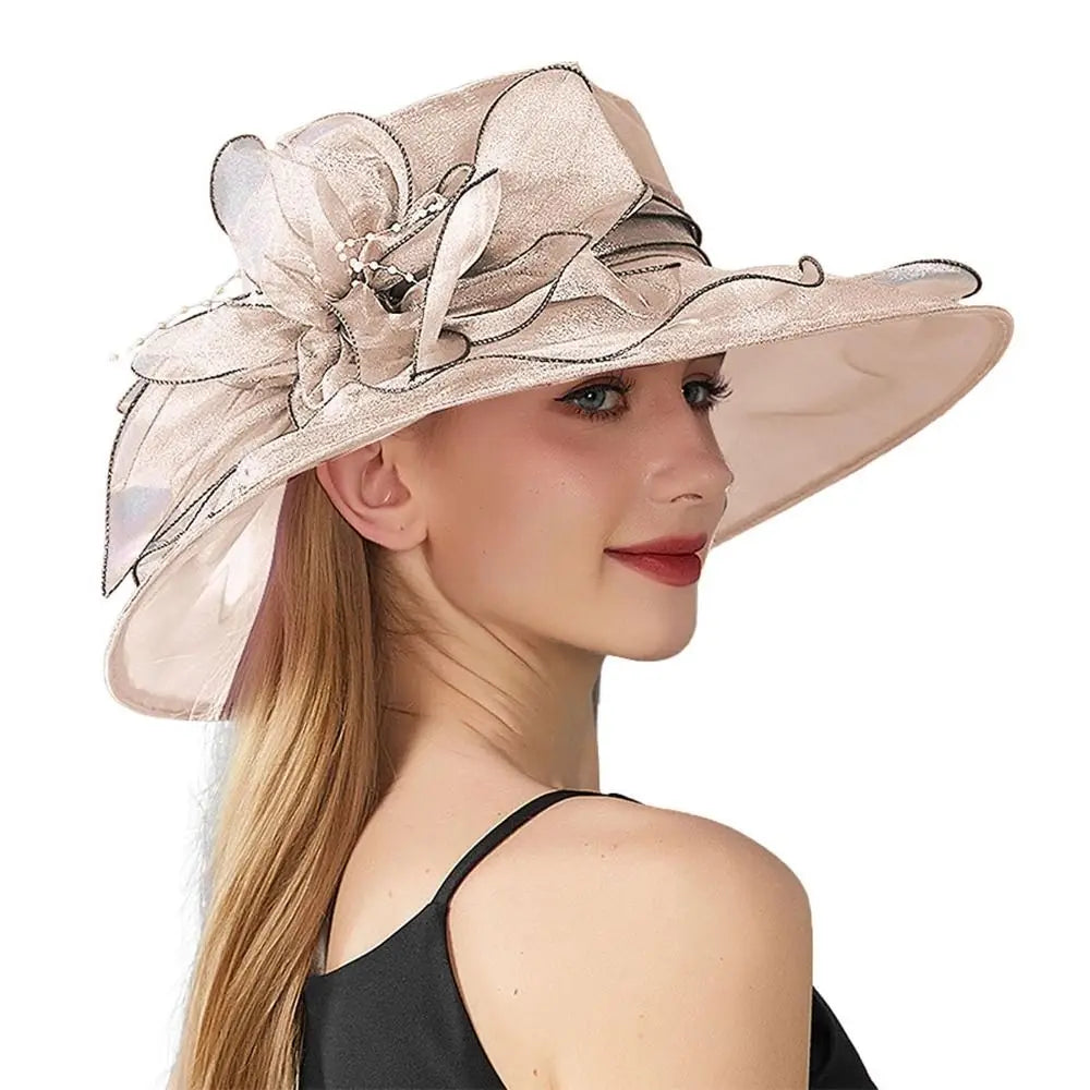 Chapeau Derby à fleurs de couleur unie pour femmes, en Organza à large bord, à volants, chapeau de soleil pliable, Protection UV, pour fête de thé, mariage