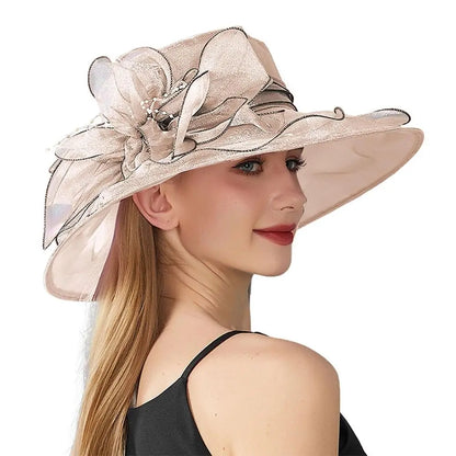 Chapeau Derby à fleurs de couleur unie pour femmes, en Organza à large bord, à volants, chapeau de soleil pliable, Protection UV, pour fête de thé, mariage