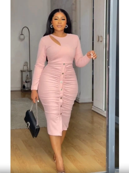 Robe élégante plissée pour femme, manches longues, conception de boutons, batterie, découpée, asymétrique, sexy, évider, fête, vêtements de jour