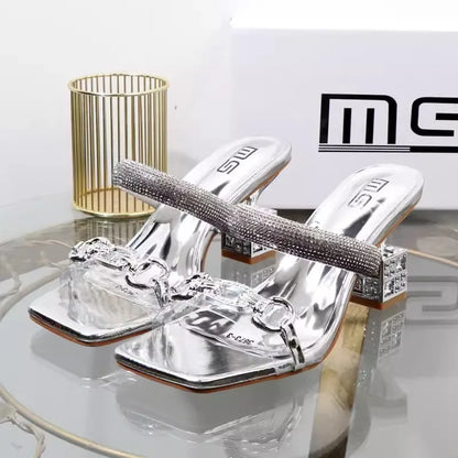 Pantoufles d'été à la mode, nouvelle tête carrée, bouche peu profonde, boucle en métal cristal, sangle transparente, sandales antidérapantes à talons hauts