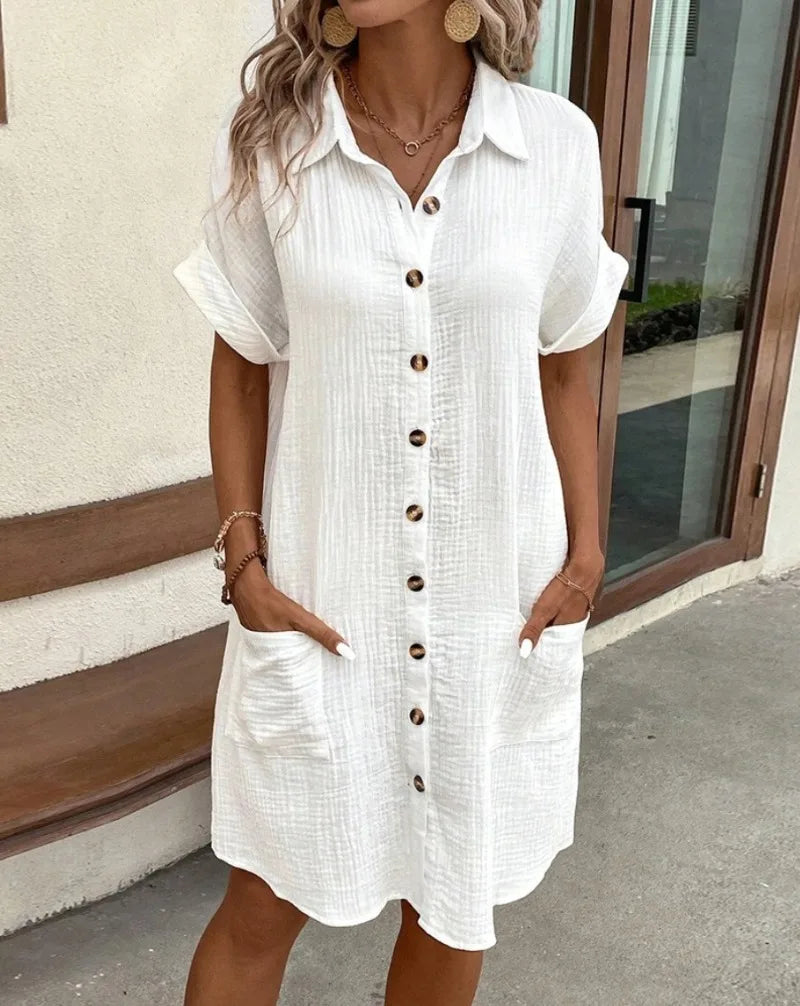 Robe boutonnée à col en V minimaliste pour femmes, coton, lin, blanc, manches courtes, poche, décontracté, chemise, été, mode