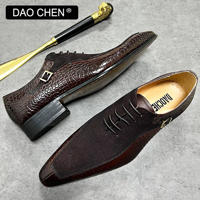 Hommes de luxe Oxford chaussures à lacets bout fendu noir marron hommes chaussures habillées daim Patchwork Crocodile imprime chaussures en cuir hommes