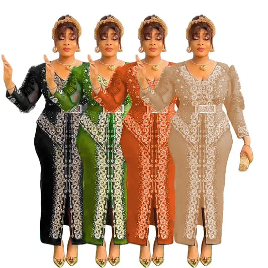 Robe longue africaine à col en v, ornée de strass, manches en maille à bulles, ajustée à la taille, fente latérale, offre spéciale