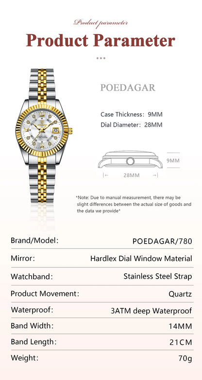 POEDAGAR montres de luxe pour femmes étanche lumineux Date dames montre-bracelet en acier inoxydable montre à Quartz élégante pour les femmes Reloj