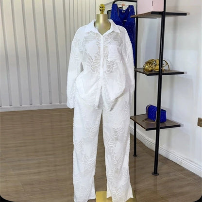 Ensemble élégant pour femmes, chemise à manches longues et pantalon droit à jambes larges, Perspective brodée, ensemble 2 pièces, survêtement, 2025 OL