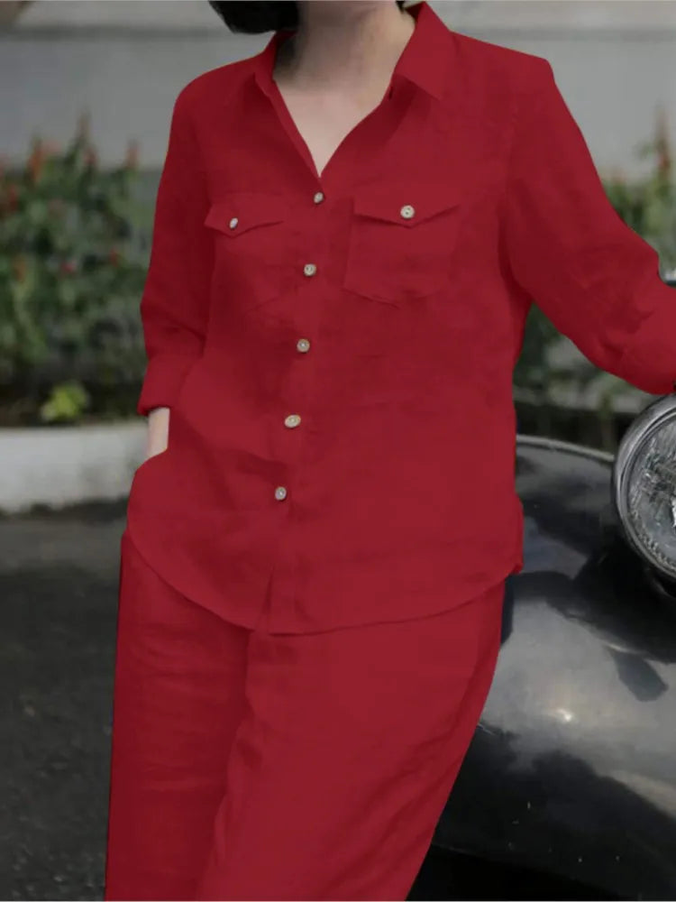 Ensemble chemise et pantalon pour femmes, élégant, col à revers, manches longues, mode automne, tenues, pantalons de travail solides, costumes, survêtement, 2 pièces