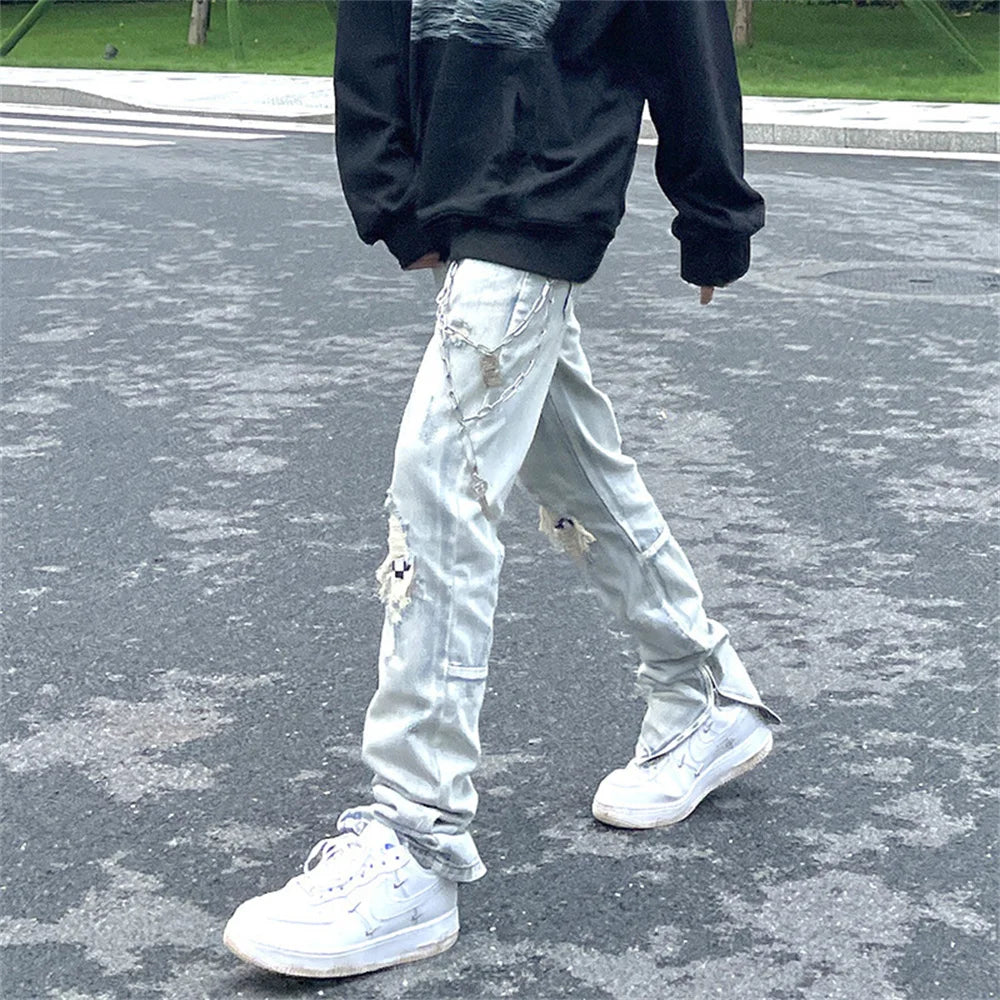 Jean à jambes larges pour homme et femme, streetwear, décontracté, déchiré, troué