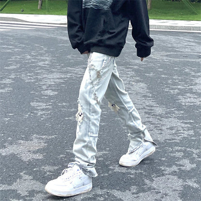 Jean à jambes larges pour homme et femme, streetwear, décontracté, déchiré, troué