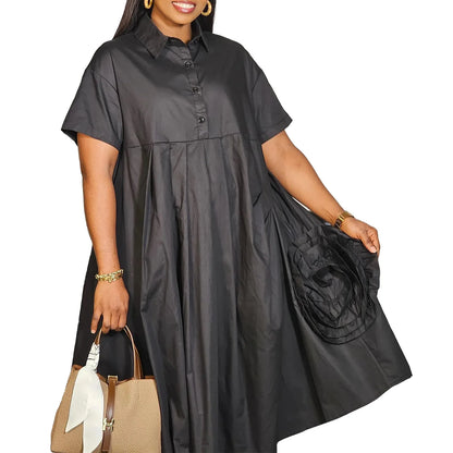 Robe chemise à manches courtes pour femmes, couleur unie, jupe trapèze, élégante, décontractée, Maxi, pour printemps et automne, mode été