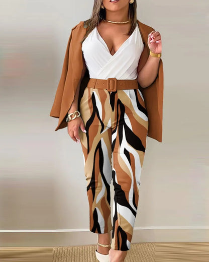 Ensemble de travail deux pièces avec ceinture pour femme, blazer à col à revers, manteau cardigan, pantalon, lettre imprimée, mode, bureau imbibé, automne, hiver