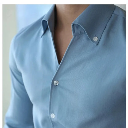 Chemise à col italien pour hommes, sans plis, décontractée, à la mode, coupe ajustée avec un Design à revers, vêtements de marque, pour jeunes, nouveau