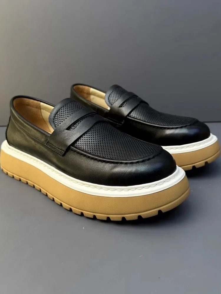 Mocassins en cuir de vachette à plateforme vintage pour hommes, chaussures en cuir véritable, respirant, évider, décontracté, conduite, affaires, été