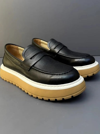 Mocassins en cuir de vachette à plateforme vintage pour hommes, chaussures en cuir véritable, respirant, évider, décontracté, conduite, affaires, été