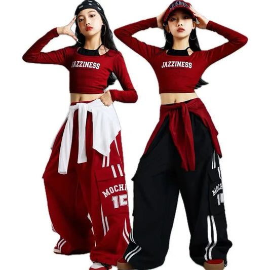 Ensemble T-shirt et pantalon à manches longues pour enfants, mode Hip Hop y2k, Costume de spectacle pour filles, tenue de scène, Costume de danse pour enfants, vêtements de rue