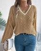 Pull femme 2025 mode Style décontracté automne hiver nouvelle couleur bloquant col en v pâte frite torsion lanterne à manches longues pull